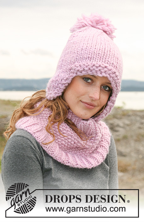 Belle Marie / DROPS 109-4 - Set comprising: Neck warmer in moss st with rib in 1 thread ”Snow” or 1 thread “Polaris” and DROPS hat in 2 threads ”Snow” or 1 thread ”Polaris”.