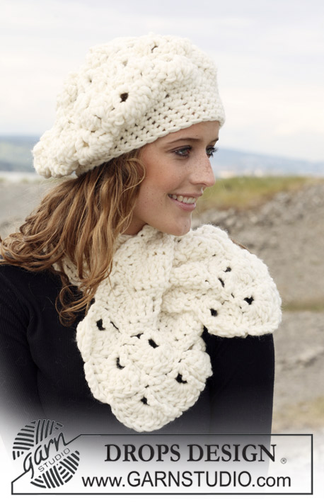Doce de Coco / DROPS 109-49 - DROPS crochet beret and scarf with shell pattern in ”Snow”.