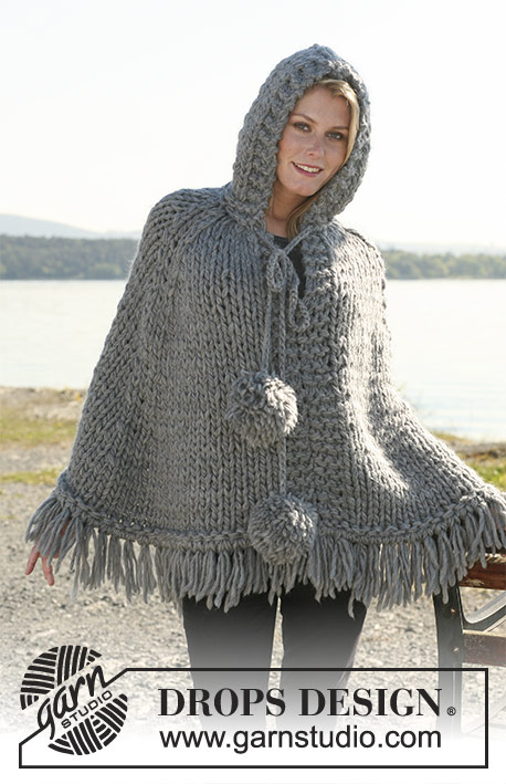 Naleen / DROPS 110-13 - DROPS poncho with hood and pompoms in 2 threads ”Snow”. Size S - XXXL. Yarn alternative 1 thread ”Polaris”.