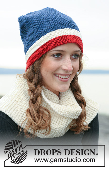 Wear Your Colours / DROPS 110-45 - Bonnets DROPS Drapeaux en Karisma, tricotés de côté. À tricoter également en Merino. Écharpe en Alaska
