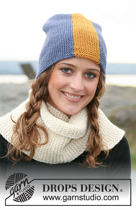 Wear Your Colours / DROPS 110-47 - Bonnets DROPS Drapeaux en Karisma, tricotés de côté. À tricoter également en Merino. Écharpe en Alaska