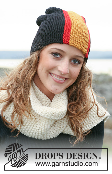 Wear Your Colours / DROPS 110-48 - DROPS hats with flags in ”Karisma”, worked from side to side. Yarn alternative ”Merino”. Scarf in ”Alaska”.