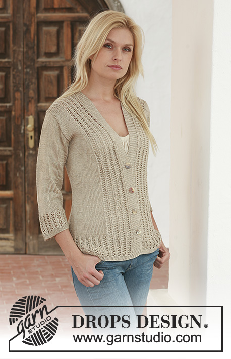 Sand Ripples / DROPS 111-27 - Knitted DROPS jacket with lace pattern in ”Cotton Viscose”. Size S - XXXL.
