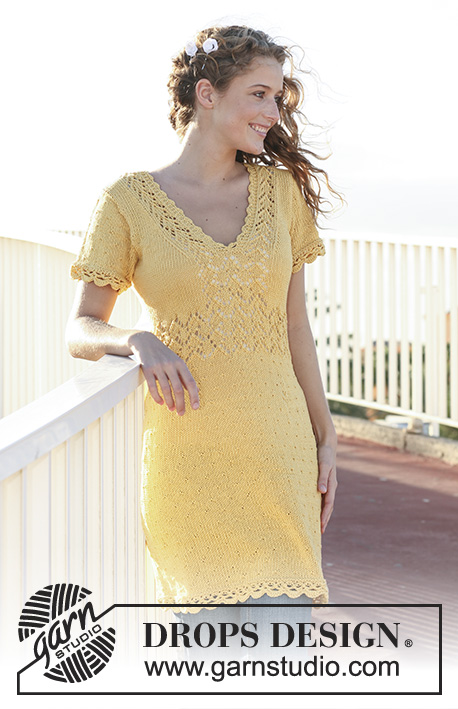 Endless Summer / DROPS 111-4 - DROPS dress in ”Muskat” with lace pattern, short sleeves and crochet borders. Size XS - XXL. 