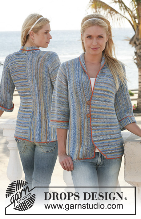 Ocean Shore / DROPS 112-36 - Rozpinany sweter na drutach, ściegiem francuskim, z włóczki DROPS Fabel, przerabiany w różnych kierunkach. Od S do XXXL.