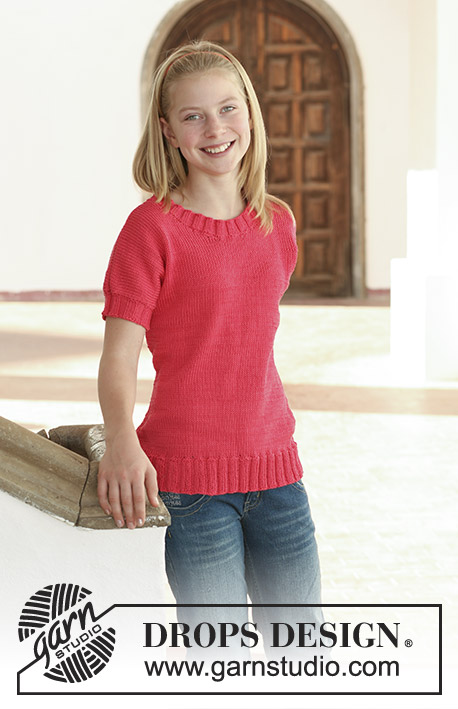 Strawberry Sweet Kids / DROPS 113-19 - DROPS tröja i ”Muskat” med korta ärmar. Stl 7 till 14 år.