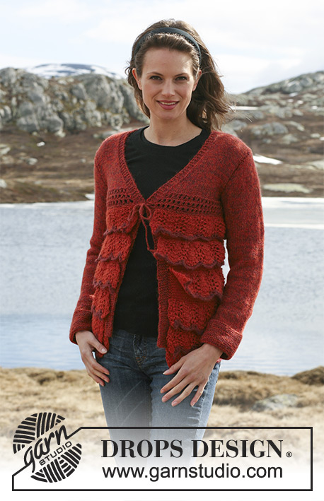 Firestarter / DROPS 114-27 - Rozpinany sweter na drutach, z włóczki DROPS Alpaca, z falbankami wzorem fal na tyle i przodach. Od S do XXXL.