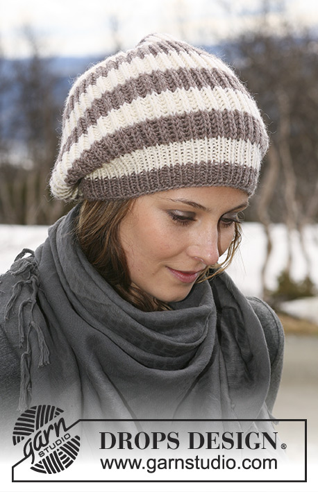Cathrine / DROPS 114-30 - Knitted DROPS hat in English rib and stripes in ”Karisma” or DROPS ♥ You #3.