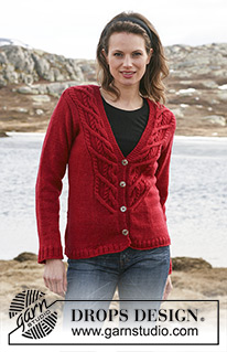 Red Mountain / DROPS 114-9 - Knitted DROPS jacket with cables in ”Karisma”. Size S – XXXL.