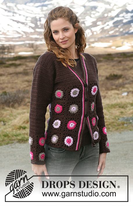 Say It With Flowers / DROPS 115-14 - Crochet DROPS jacket in ”Merino Extra Fine” with crochet squares. Size S – XXXL.