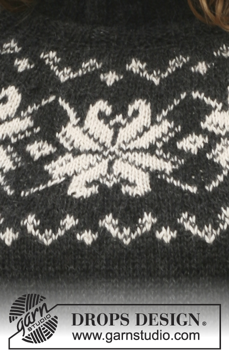 Midnight Rose / DROPS 116-12 - DROPS pulovr s rolákem se vzorovaným kruhovým sedlem pletený z dvojité příze Alpaca. Velikost: S-XXXL.