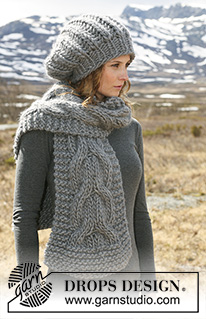 Colombelle / DROPS 116-15 - Set comprises: Knitted DROPS hat in English rib and scarf with cables in ”Polaris”.