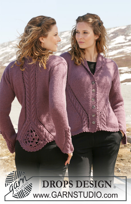 Sweet Erica / DROPS 117-1 - Rozpinany sweter przerabiany podwójną nitką włóczki DROPS Alpaca, z warkoczami i ściegiem ażurowym, z trójkątem na szydełku na tyle. Od S do XXXL.