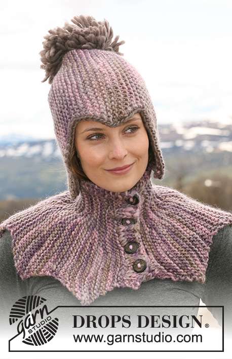 Joust / DROPS 117-25 - Set comprises: DROPS neck warmer with buttons, worked from side to side in garter st and hat in garter st in ”Snow