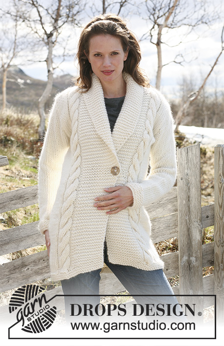 Doreen / DROPS 117-51 - Knitted DROPS jacket with cables and garter st in ”Snow”. Size S-XXXL.