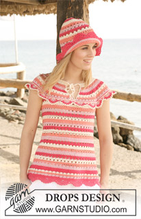 Summer Sorbet / DROPS 120-38 - Crochet DROPS hat and top with stripes and lace borders in ”Safran”. Size S - XXXL.