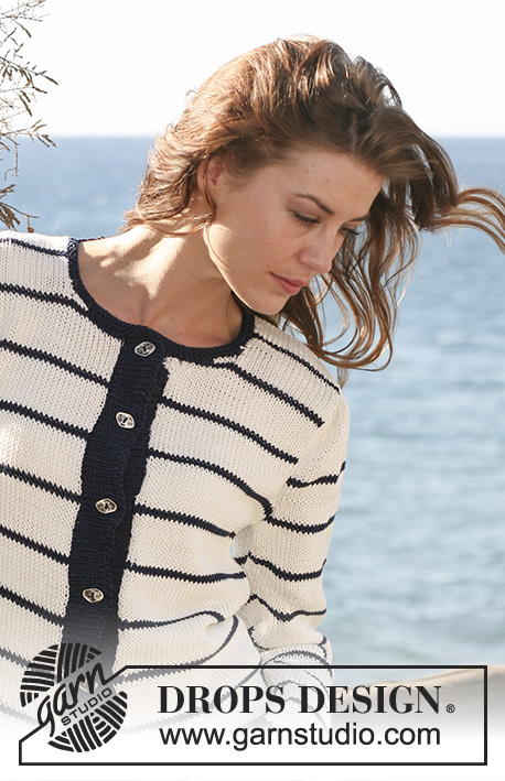 DROPS 120-44 - DROPS jacket in ”Muskat” with navy stripes and puff sleeves. Size S to XXXL.
