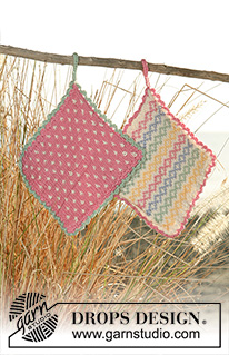 Kitchen Memories / DROPS 120-50 - DROPS pot holders with multi coloured pattern and crochet border in ”Safran” or DROPS ♥ You #7.