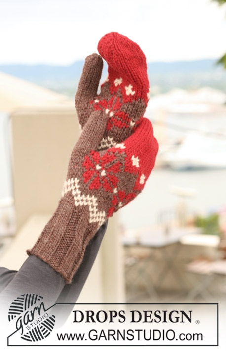 Cherry Nougat Gloves / DROPS 122-25 - Knitted DROPS mittens in ”Nepal” with Norwegian pattern. 