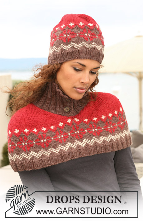 Cherry Nougat Set / DROPS 122-26 - Knitted DROPS hat and neck warmer in ”Nepal” with Norwegian pattern.