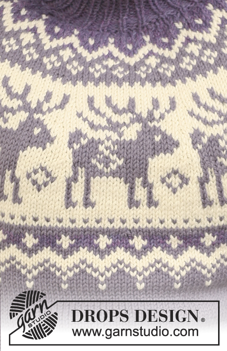 Reindeer Swing / DROPS 122-43 - Vánoční svetr / pulovr s kruhovým sedlem s jeleny a rolákem pletený z příze DROPS Nepal.