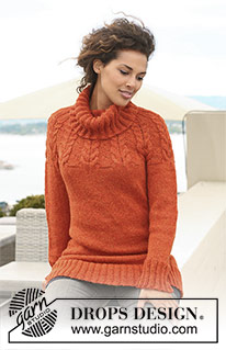 Autumn Sunrise / DROPS 122-8 - DROPS raglánový pulovr s copánkovým vzorem a rolákem pletený z příze Nepal. 