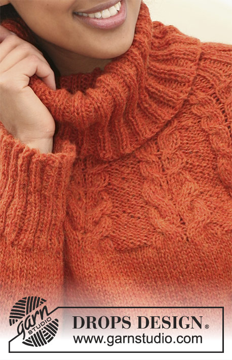 Autumn Sunrise / DROPS 122-8 - DROPS raglánový pulovr s copánkovým vzorem a rolákem pletený z příze Nepal. 