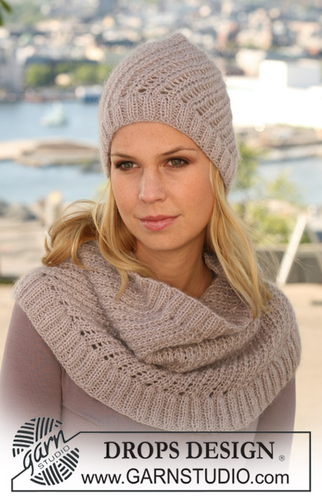 DROPS 123-16 - Set comprises: Knitted DROPS hat and neck warmer with lace pattern in ”Alpaca” and ”Kid-Silk”. 