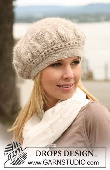 Capricho / DROPS 123-35 - Knitted DROPS Basque hat with garter st and leaf pattern in ”Alpaca” and ”Kid-Silk”. 