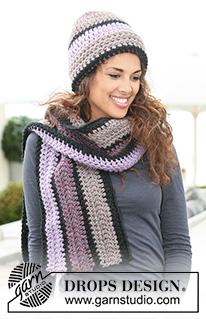 Frosting / DROPS 125-32 - Set comprises: Crochet DROPS hat and scarf with stripes in ”Snow”. 