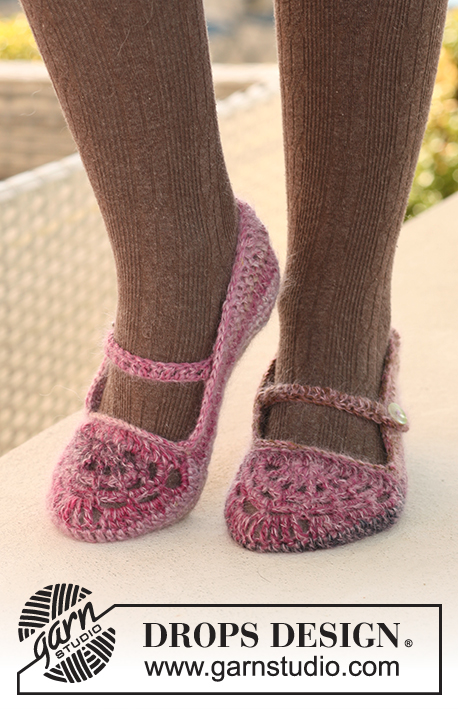 Pink Ballerinas / DROPS 126-14 - Crochet DROPS slippers in ”Delight” and ”Kid-Silk”. 