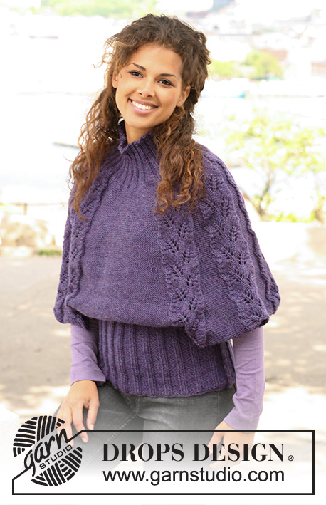 Twilight Leaves / DROPS 126-30 - Knitted DROPS poncho / top in ”Alaska” with rib and lace pattern. Size S to XXXL