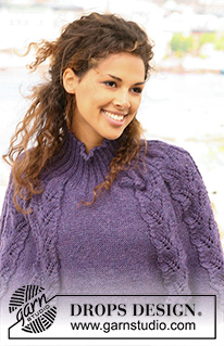 Twilight Leaves / DROPS 126-30 - Knitted DROPS poncho / top in ”Alaska” with rib and lace pattern. Size S to XXXL