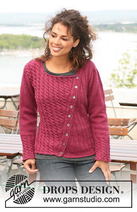 Cherry with a Twist / DROPS 126-6 - Asymmetric DROPS Jacket in ”Karisma” with cables on one front piece. Size S to XXXL.
