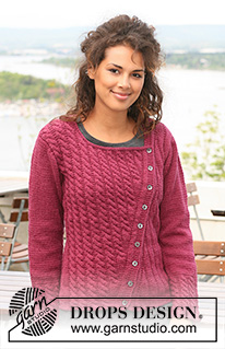 Cherry with a Twist / DROPS 126-6 - Asymmetric DROPS Jacket in ”Karisma” with cables on one front piece. Size S to XXXL.