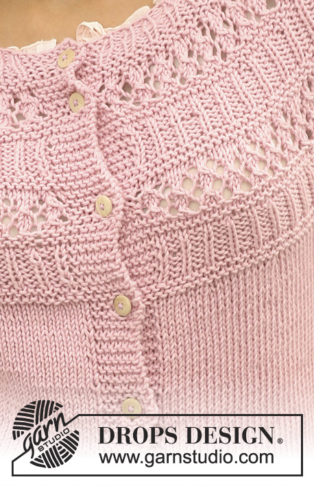 Hortensia Cardigan / DROPS 127-16 - Sweter rozpinany z zaokrąglonym ażurowym karczkiem i ściągaczem, z włóczki DROPS Paris. Od S do XXXL