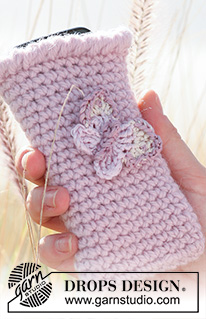Butterfly Calls / DROPS 127-22 - Crochet DROPS mobile pouch in Nepal with butterfly in Cotton Viscose.