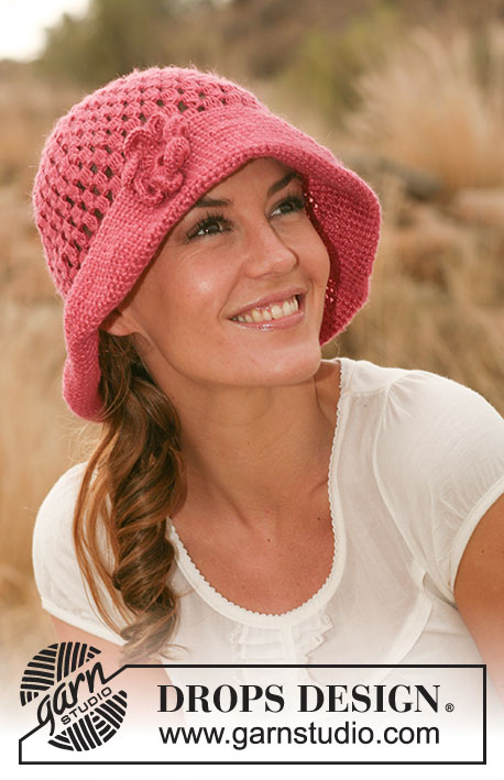 Spring Flip / DROPS 127-46 - Crochet DROPS hat with large brim and crochet flower in Lin or Belle.