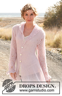 Married By Morning / DROPS 127-6 - Knitted DROPS asymmetric jacket with bell edge and lace pattern in Vivaldi. 
Size: S - XXXL.
