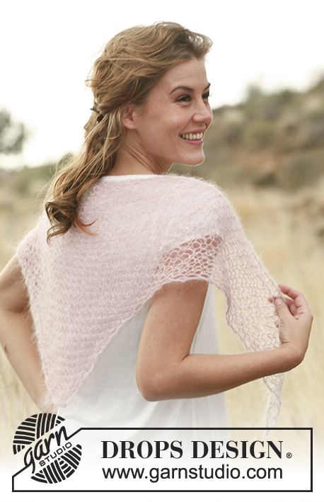 Morning Kiss / DROPS 127-8 - Knitted DROPS triangle shawl in garter st in two threads Kid-Silk.