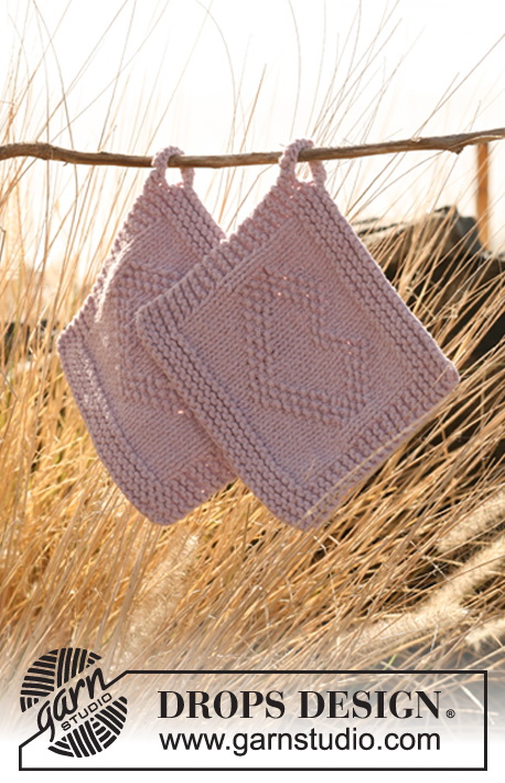 Take my Heart / DROPS 128-31 - Knitted DROPS pot holder with textured heart with 2 threads in Paris.