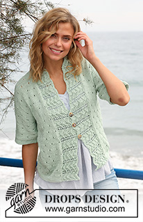 Touch of Mint / DROPS 129-25 - Knitted DROPS jacket with lace pattern in Muskat. Size: S - XXXL.