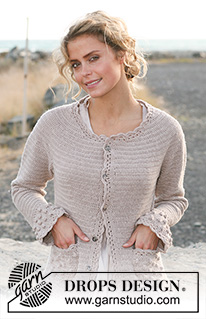 Hint of Spring / DROPS 130-14 - Crochet DROPS jacket with bobbles and lace edges in ”BabyMerino” or ”BabyAlpaca Silk”. Size S - XXXL