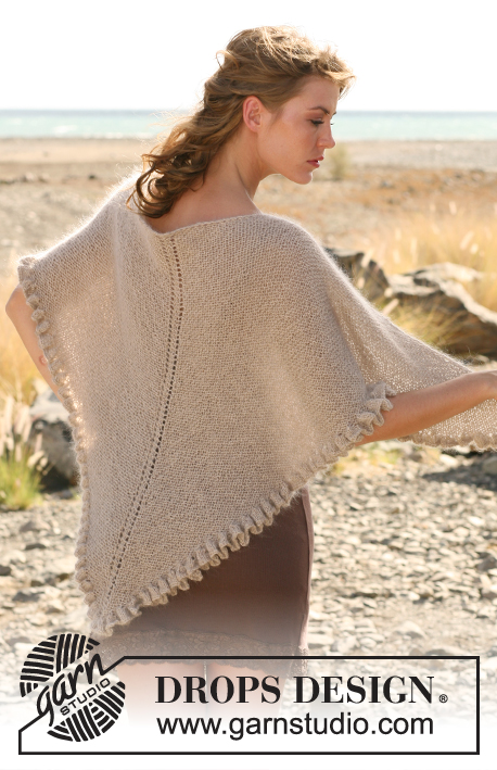 Pampa / DROPS 130-4 - Knitted DROPS shawl in garter st with wavy edge in ”Alpaca” and ”Kid-Silk”. 