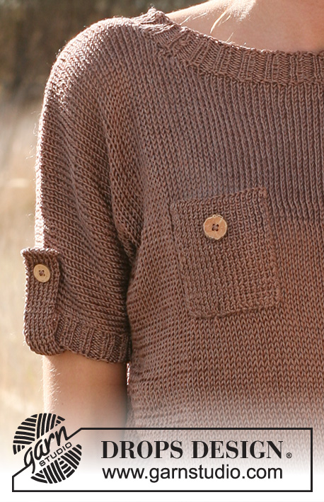 Safari / DROPS 130-5 - Gebreide DROPS trui met borstzak en mouwflappen van ”Cotton Viscose” of Safran. 
Maat: S - XXXL.