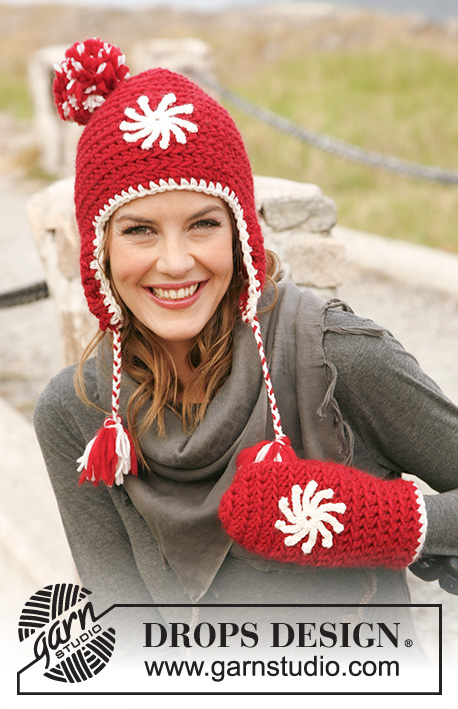 Snowflake / DROPS 131-18 - Set consists of: Crochet hat / Santa hat and mittens in DROPS Snow or DROPS Andes with flower in DROPS Karisma.