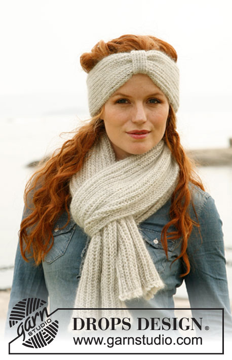 Nelly / DROPS 132-24 - Set consists of: Knitted DROPS head band and scarf with English rib in ”Alpaca” and “Kid-Silk”.