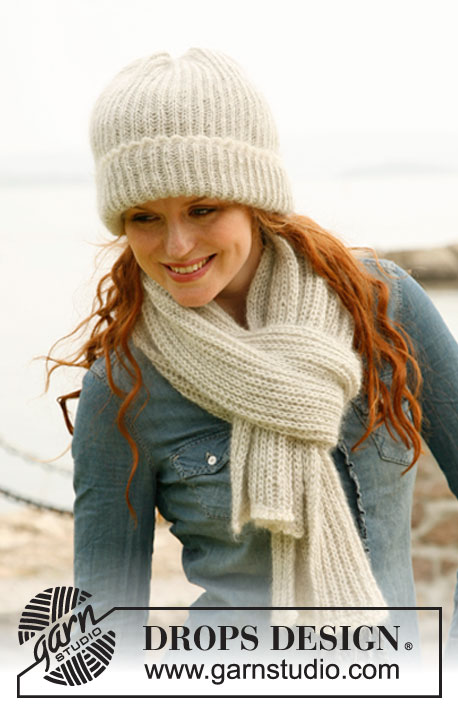 Nelly / DROPS 132-25 - Set consists of: Knitted DROPS hipster hat and scarf with English rib in ”Alpaca” and “Kid-Silk”.