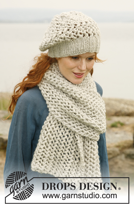 Bohemian Rhapsody / DROPS 132-26 - Set consists of: Knitted DROPS scarf and hat with lace pattern in ”Snow” or “Andes”.