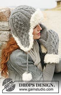 Rocky Mountain / DROPS 134-10 - Set consists of: Knitted DROPS hat and mittens in ”Snow” or “Andes” with fur edge in “Puddel”.